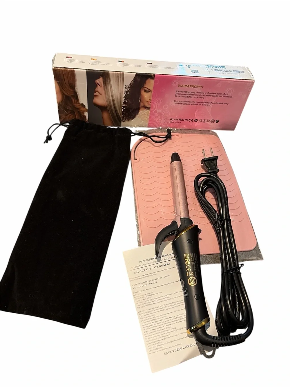 Pink Curling Wand with Heat Mat and Storage Pouch